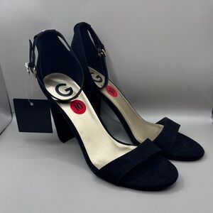 G by GUESS black faux suede heeled sandals